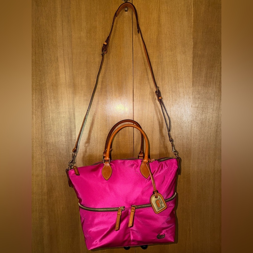 Dooney & Bourke Nylon Pink Satchel Tote Bag w/ Leather Trim & Shoulder Strap - Picture 15 of 17